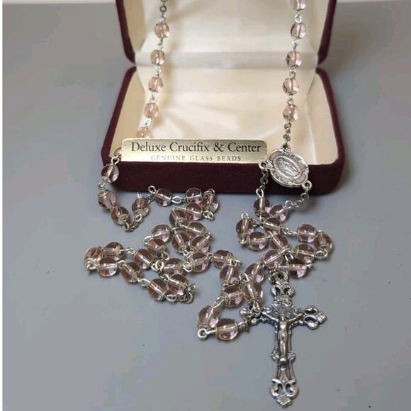 Pink Cathedral Catholic Rosary Glass Bead Crucifix Center Jesus Italy Chapel Vtg - Picture 2 of 5